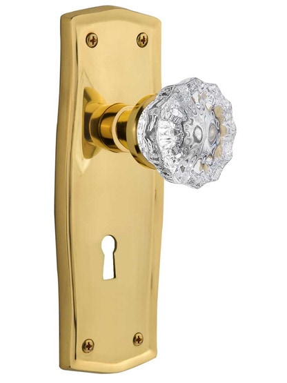 Prairie Style Door Set With Fluted Crystal Glass Door Knobs in Un-Lacquered Brass .
